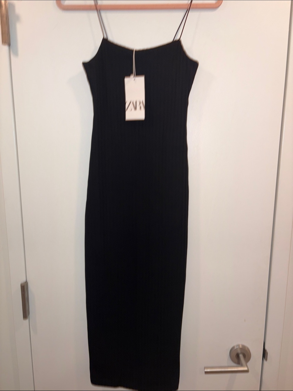 NWT Zara Black Ribbed Spaghetti-Strap Midi Dress